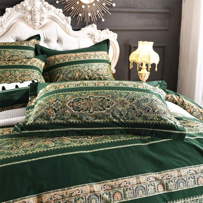 ABREEZE Bohemian Vintage Full Size Floral Cotton Bedding Set 3Pcs Duvet Cover Set Boho Green Paisley 100% Egyptian Brushed Cotton Reversible Home Bedding Collection