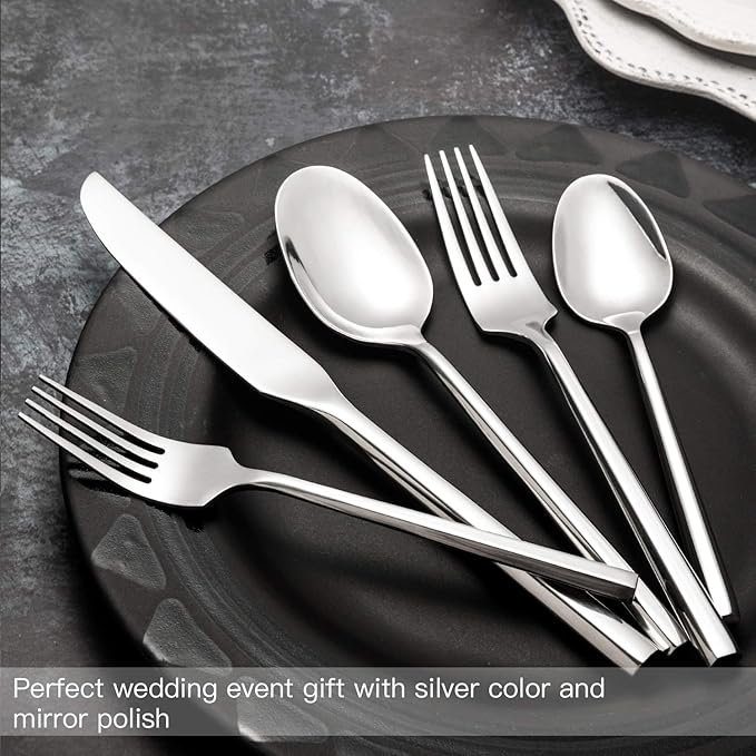 Hand Forged Stainless Steel Flatware Set Silverware Set Cutlery Set Hexagon Handle 5 Pieces Service for 1