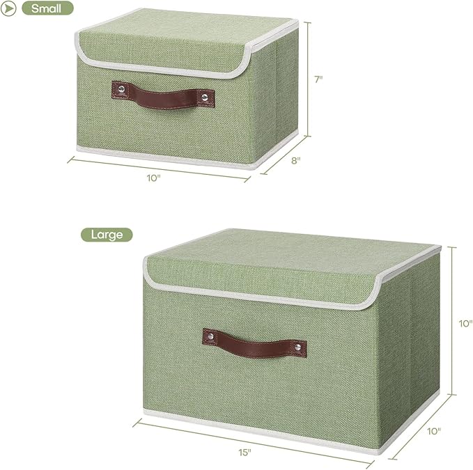 ANMINY Storage Bin with Lid Storage Boxes with PU Leather Handles PP Plastic Board Decorative Foldable Lidded Cotton Linen Fabric Home Cubes Baskets Closet Organizer Container - Green, Small Size