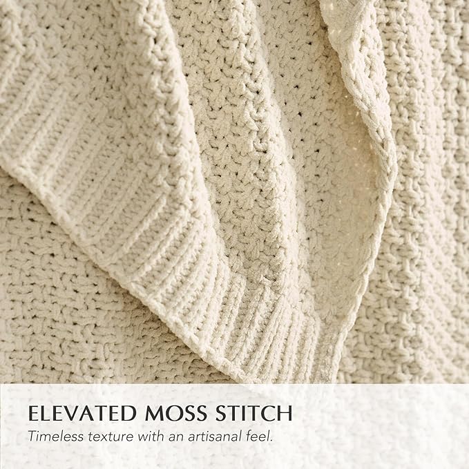 Chunky Chenille Knit Throw Blanket for Couch, Soft Luxurious Moss Stitch Blankets for Bed, Cozy Decorative Farmhouse Knitted Throws for Sofa, Beige, 60" x 80"