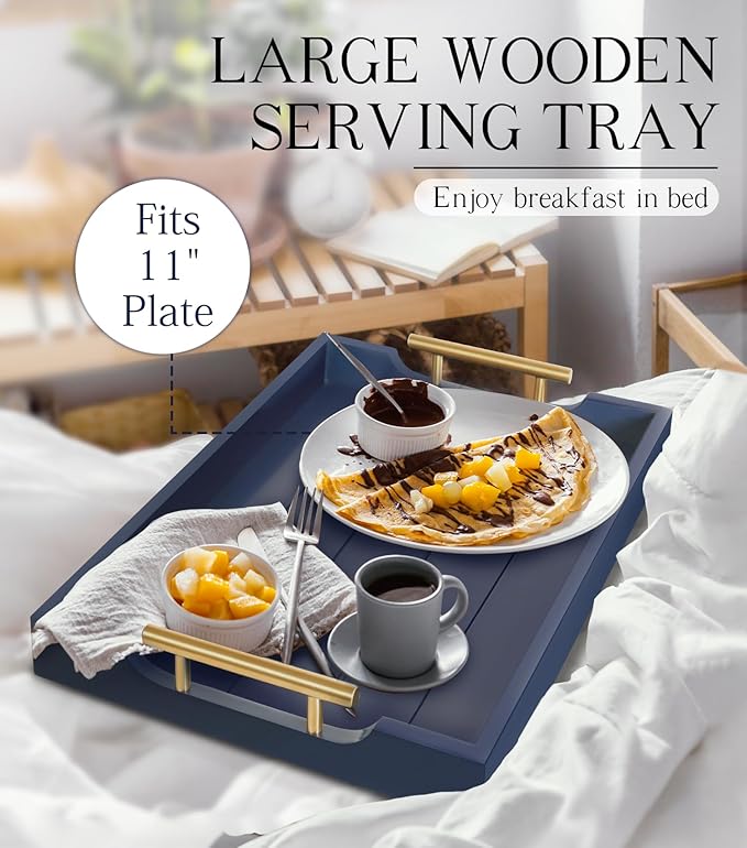 Coffee Table Tray - Large Ottoman Tray for Living Room - Wood Serving Tray with Handles(2 Sets) - Wooden Trays for Coffee Tables, 4 Round Coasters Included, Deep Blue