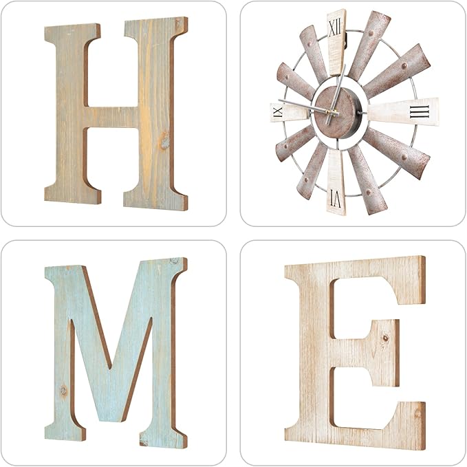 ZAZIWZ Farmhouse Home Signs with Windmill Clock Wall Decor Rustic Home Letters Wall Art for Living Room Kitchen Entryway Dining Room Bedroom (mix color)