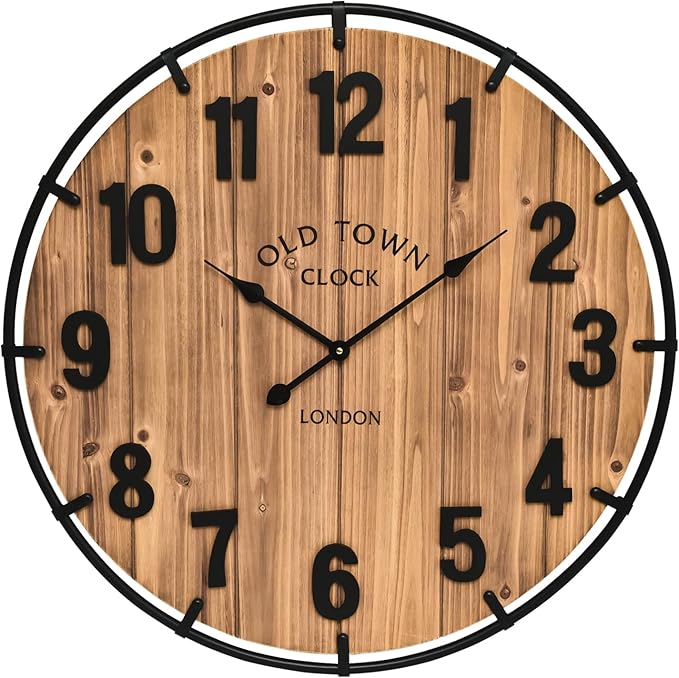 Large Old Town Farmhouse Wall Clock 20 Inches - Rustic Antique Wood with Metal Circle and Large Numerals Silent Battery Operated Wall Clock for Office Kitchen Bedroom Living Room