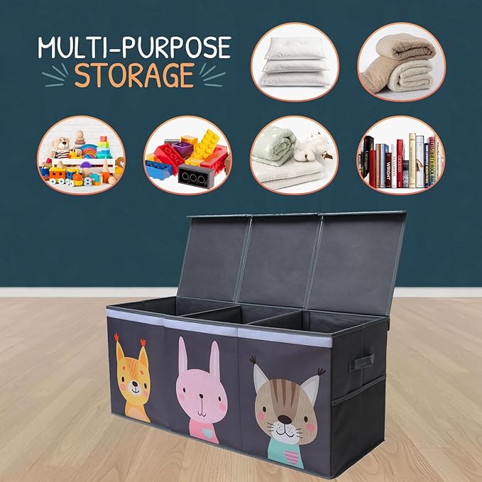 Extra Large Toy Storage Organizer with Lid - Sturdy, Collapsible Toy Chest Storage Box with Cute Design - Toys Bin with Dividers for Kids, Boys, Girls, Nursery, Bedroom, Play room 37"x16"x14"