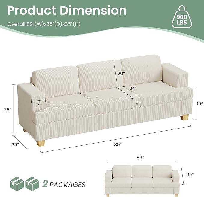 89" White Corduroy Sofa for Living Room, 3 Seater Cloud Couch, Deep Seat Floor Couch for Bedroom, Futon Modern Sofa Bed, White Corduroy