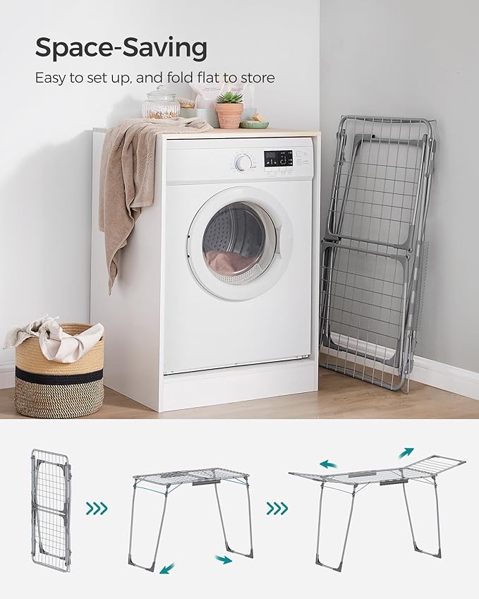 SONGMICS Clothes Drying Rack Foldable, Gullwing Laundry Drying Rack, Space-Saving, 22.2 x 68.1 x 38 Inches, Sock Clips, Metal Structure, for Clothes, Towels, Linens, Indoor, Outdoor Gray ULLR518G01