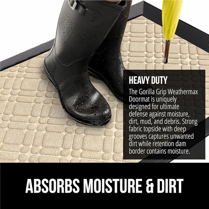 GORILLA GRIP 100% Waterproof All-Season WeatherMax Doormat, 47x35, US Designed Natural Rubber, Stain and Fade Resistant, Low Profile Indoor Outdoor Door Mats, Easy Clean Patio Mat, Modern Latte