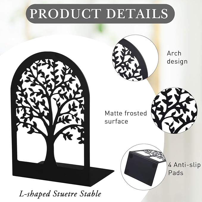 Faccito 5 Pairs Book Ends, Black Metal Bookends for Shelves Decorative, Non Skid Tree Stopper and Flower Shelf Holder for Heavy Books, Home Office School Supplies (Classic)