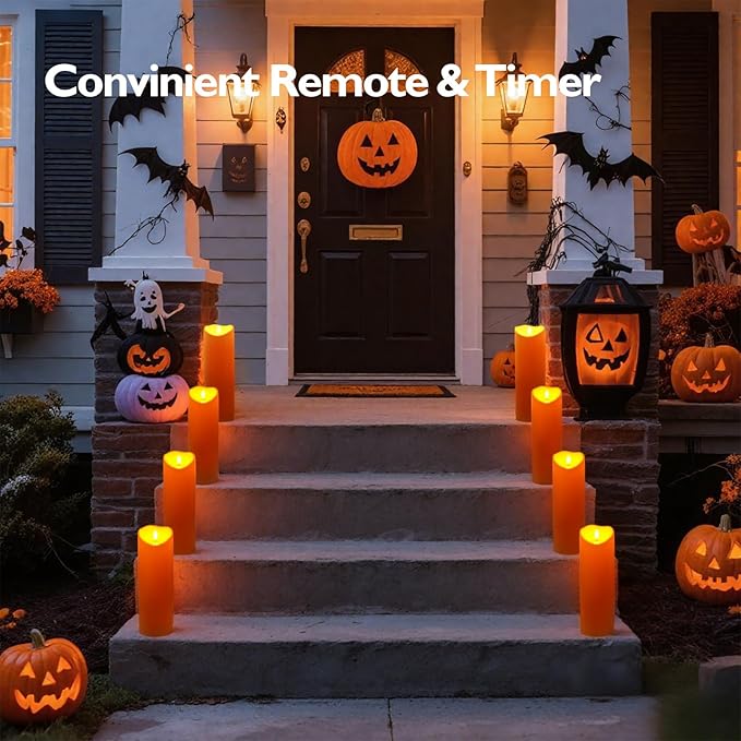 Homemory 4"x12" Halloween Orange Flameless Candles, Fall Candles, Outdoor Waterproof Flameless Candles with Remote and Timers, Battery Operated LED Pillar Candles, Won't Melt Plastic, Set of 2