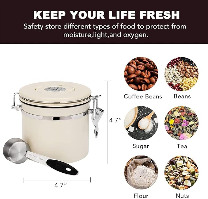 ShanSon Coffee Canister Airtight Coffee Container Stainless Steel Coffee Bean Storage Container with Scoop Coffee Canister for Beans Grounds Sugar Flour Tea Cereal,11OZ, Beige