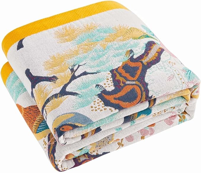 Fall Throw Blanket for Couch, Yellow Boho Decorative Throw Blanket, 100% Cotton Muslin Breathable Woven Farmhouse Blankets Quilt, 50"x60" Reversible Lightweight Blankets Bohemian Throw Quilt