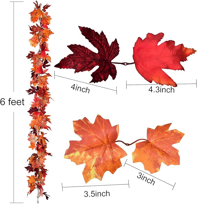 Lvydec 2 Pack Maple Leaves Fall Garland - 6ft/Strand Artificial Fall Foliage Garland Colorful Autumn Decoration for Home Wedding Party Thanksgiving