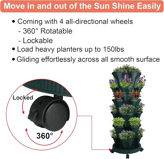 Vertical Planter 6 Tier Stackable Planters Garden Planters Strawberry Herb Flower and Vegetable Planter Indoor Outdoor Gardening Pots with Removable Wheels and Tools