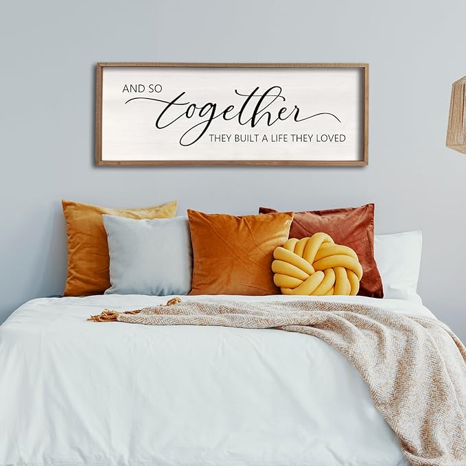 And So Together They Built A Life They Loved Sign 40”X15” Master Bedroom Above Bed Wall Decor Large Framed Wood Farmhouse Sign for Over Bed Bedside Wall Art for Love Sign Decor (Wood)