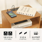 MaxSmeo Mid Century Modern Nightstand with Charging Station, Bedside Tables with Rattan Drawer, Small Wood Nightstand Side Table for Living Room,Bedroom (Brown)