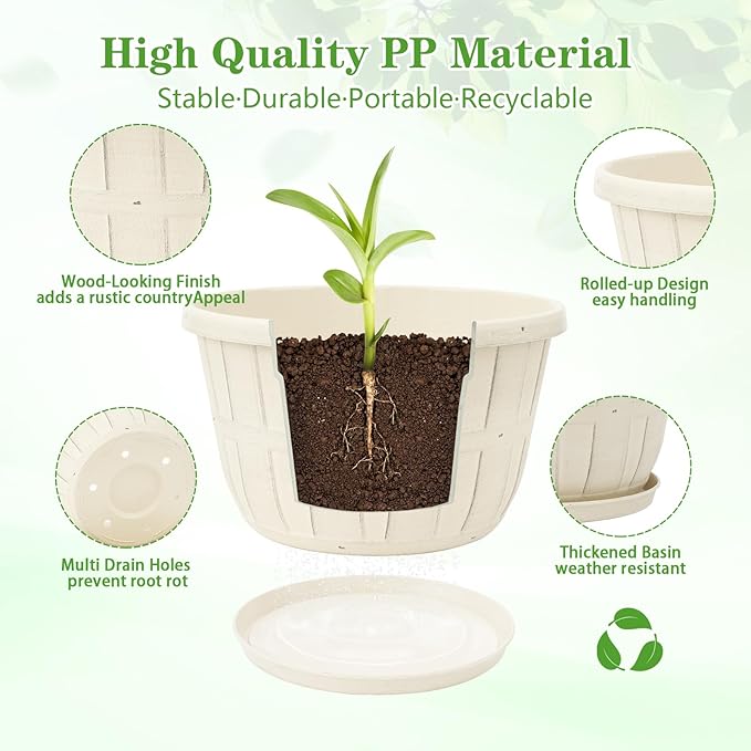 Quarut Plant Planters Pots Set of 4 Pack 16 Inch，Large Plastic Flower Pot for Indoor Plants with Drainage Holes & Trays, Whiskey Barrel Planters with Saucer for House Outdoor Garden Plant（White）