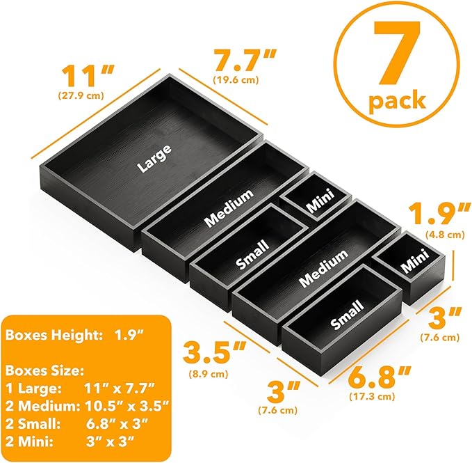 SpaceAid 7-Piece Bamboo Drawer Organizer Storage Boxes Set, Wood Tray Junk Drawer Organizers Multi-Use Divider Bins for Kitchen, Bathroom, Office Desk and Makeup Organization (7 Pack, Black)