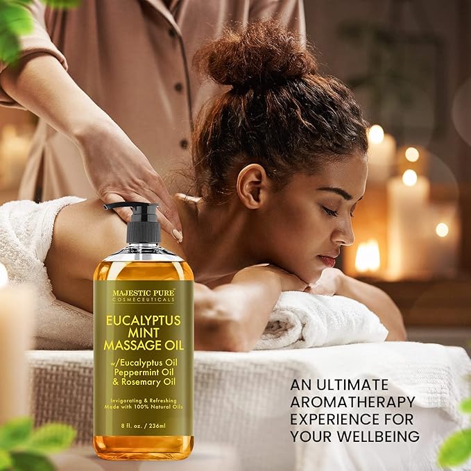 MAJESTIC PURE Eucalyptus Mint Massage Oil for Massage Therapy - Refreshing, and Relaxing - Natural Oils with Eucalyptus Essential Oil - for All Skin Types - Men and Women - 8 fl oz