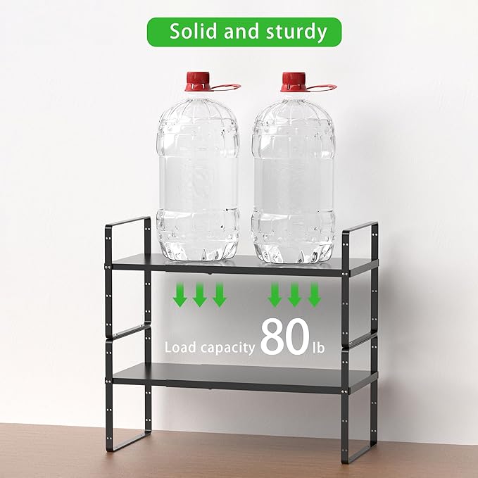 Expandable Cabinet Storage Shelf Stackable Organizer Rack for Kitchen Bathroom Pantry Spice Cupboard Countertop Home Office Desk Heavy Duty Nonslip Black Large 2 Pack