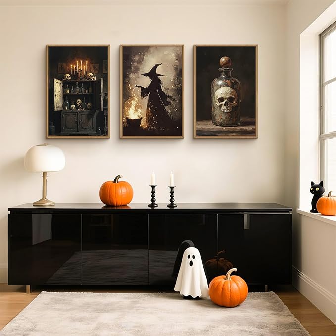 HPNIUB Halloween Witch Framed Canvas Wall Art Set, Terrifying Skeleton Poster Artwork, Vintage Halloween Wall Decor, Dark Academia Gothic Pictures for Bedroom Living Room Bathroom Party-16 x24 x3