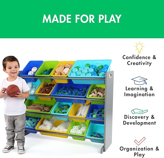 Humble Crew Supersized Toy Storage Organizer with 16 Removable Bins, Grey/Blue/Green/Yellow – Large Toy Storage for Toddlers Ideal for Kids' Rooms, Playrooms, and Nurseries - Modern Toy Bins for Kids