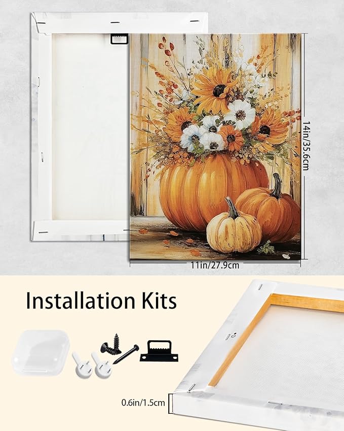 Rustic Autumn Fall Floral Pumpkin Wall Art Decor, Fall Floral Botanical Print for Thanksgiving Decorations, Autumn Wall Art Print for Farmhouse Living Room Bedroom Fall Decor, Ready to Hang