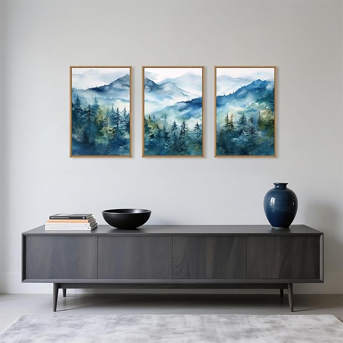 Celestdeco Blue Ridge Mountains Forest Framed Canvas Wall Art Set, Natural Landscape Wall Decor, Green Pine Trees Wall Painting, Woodland Artworks for Living Room, Bedroom, Dining Room - 24"x36"x3