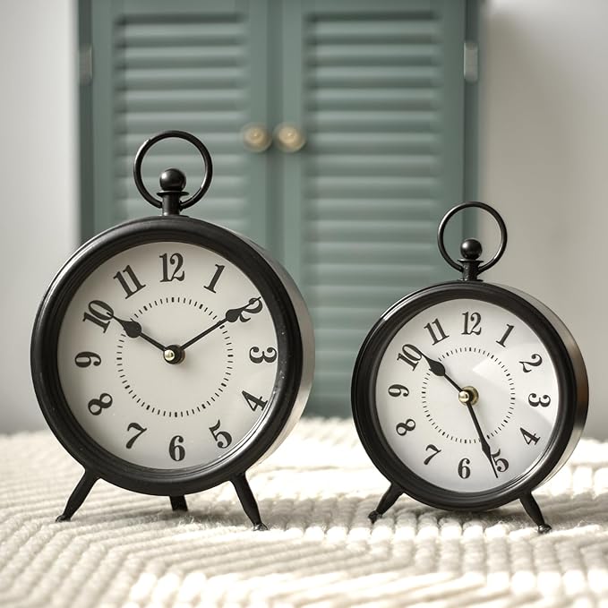 Vintage Black Table Clock on Stand, Decorative Desk and Shelf Clock，Decorative Battery Operated Table Top Clock for Living Room，Silent Non-Ticking(Small)