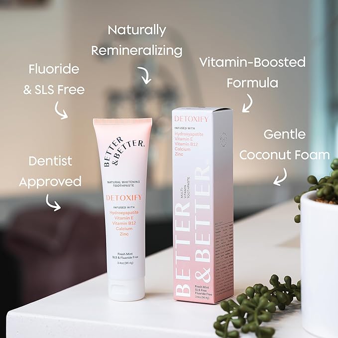 Better & Better Detoxify Hydroxyapatite Toothpaste | Whitening Toothpaste Infused w/Vitamins E & B12, Calcium & Zinc | Fluoride & SLS Free for Sensitive Brushers | Fresh Mint Flavor | 3.4oz, 1 Pack