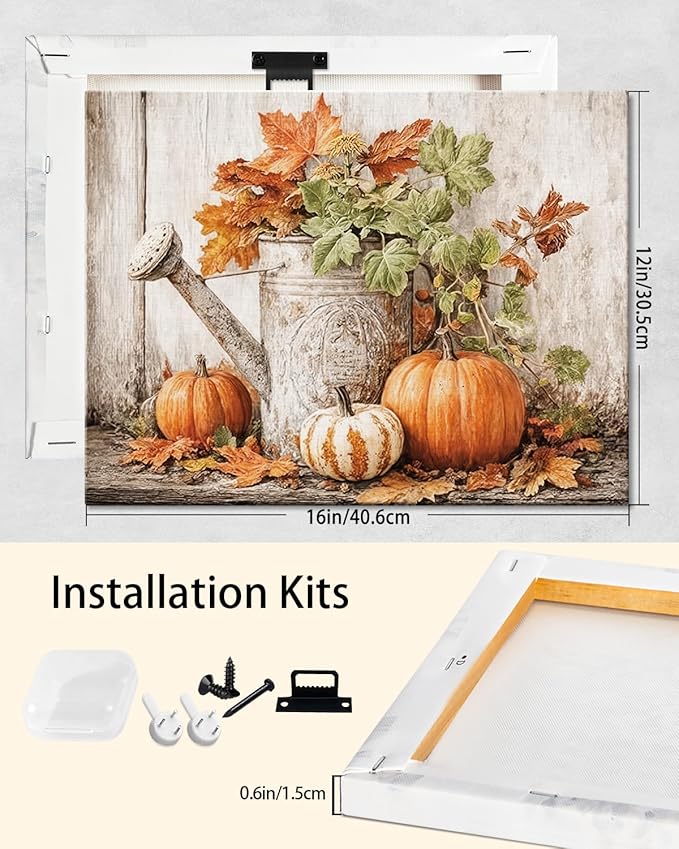 Autumn Pumpkin and Watering Can Canvas Wall Art, Rustic Fall Leaves Print Farmhouse Picture for Thanksgiving Decorations, Fall Wall Art Decor Ready to Hang