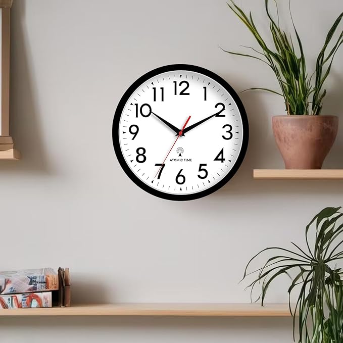 Atomic Wall Clock Analog 10 Inch Battery Operated Modern Decorative for Living Room Kitchen Office Bedroom Bathroom(Black)
