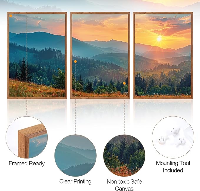 Aurlan Boho Mountain Sunset Landscape Framed Wall Art(16"x24"), 3PCS Green Blue Ridge Grand Teton National Park Canvas Artwork, Abstract Modern Watercolor Nature Forest Scenery Decor for Home Office Bedroom