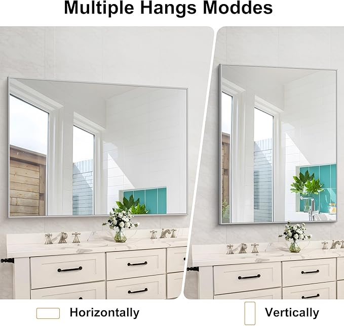 Silver Bathroom Mirror, 48"X36" Rectangle Mirrors for Wall Metal Frame, Bathroom Rectangular Mirror Modern Wall Mirror for Bedroom Living Room, Hangs Horizontal or Vertical