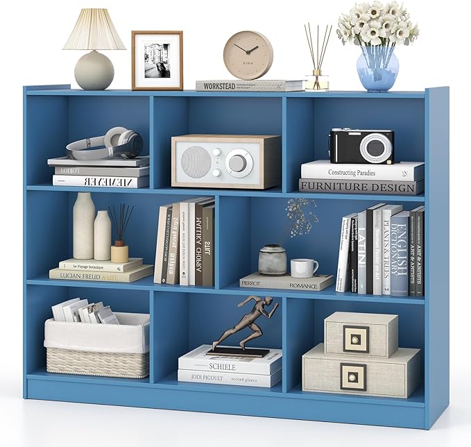 Tangkula 8-Cube Bookcase, Wood 3 Tier Open Storage Bookshelf, Modern Multipurpose Display Cabinet for Living Room, Study, Reading Nook, 48 x 12.5 x 36.5 Inch (Bright Blue)