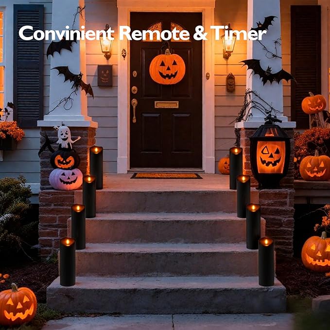 Homemory 4"x12" Black Flameless Candles, Halloween Candles, Outdoor Waterproof Flameless Candles with Remote and Timers, Gothic, Battery Operated LED Pillar Candles, Won't Melt Plastic, 2Pack
