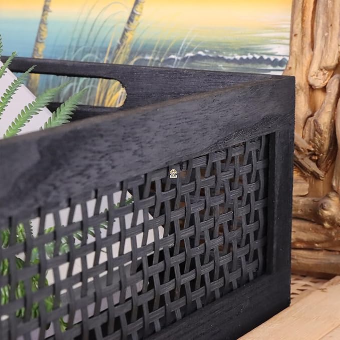 YRMT Wood Storage Crate Basket Rustic Wooden Storage Container for Organizing Decorative Bamboo Box with Handles for Pantry, Shelves Organizer 11.4" x 11.4" x 5" (Black)