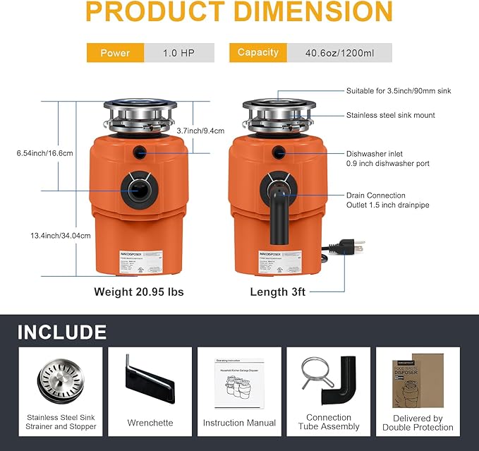Garbage Disposal 1 HP Ultra Quiet Intelligent Auto-Reverse Function Continuous Feed Food Waste Disposer with Power Cord Easy install, AC Motor Stainless Steel Grind 1 Horsepower (MAX-6)
