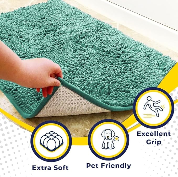 Muddy Mat® 4-Piece Seafoam Green Medium 30"X19" AS-SEEN-ON-TV Highly Absorbent Microfiber Door Mat, Bath Mat and Pet Rug, Non Slip Thick Washable, Soft Chenille for Kitchen Bedroom Indoor and Outdoor