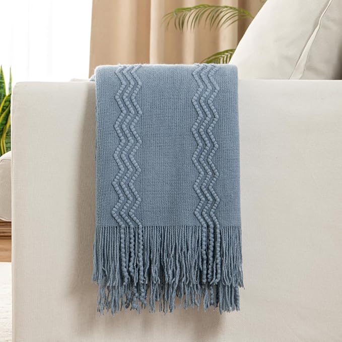 MIULEE Dusty Blue Cozy Knitted Throw Blanket for Couch Textured Knit Blanket with Tassels Woven Acrylic Wave Pattern Boho Blankets for Sofa Bed Chair 50"x60"