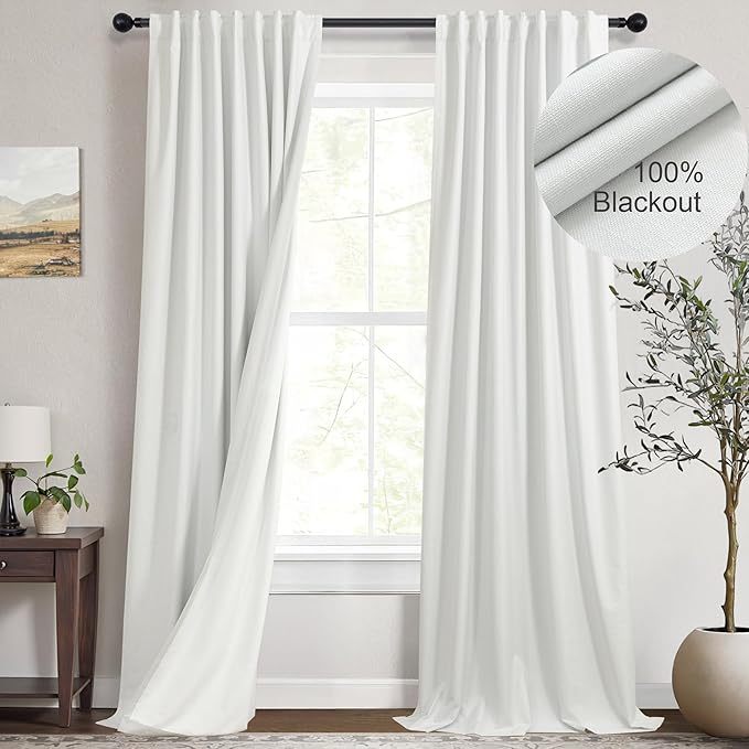 Ivory White Curtains 84 Inch Length 2 Panels for Living Room Curtain for Bedroom Window Total Blackout Off White Drapes 84 Long Boho Farmhouse Linen Black Out Thermal Insulated Curtain Back Tab Pocket