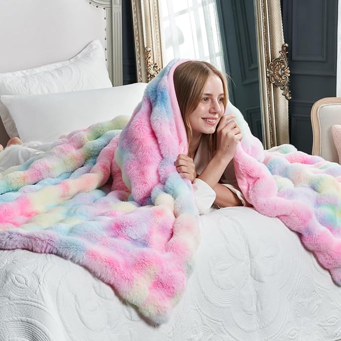 Cozy Bliss Faux Fur Throw Blanket for Couch, Fuzzy Soft Plush Thick Bubble Blanket for Sofa Bedroom Living Room,50 * 60 Inches Tie-dye Rainbow