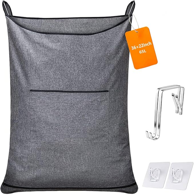 Hanging Laundry Hamper,Door Hanging Hamper with Width Opening, Over the Door Laundry bag with hooks, Laundry Collector and Over Door Storage Bag (36x22 Inch,Pop Grey)