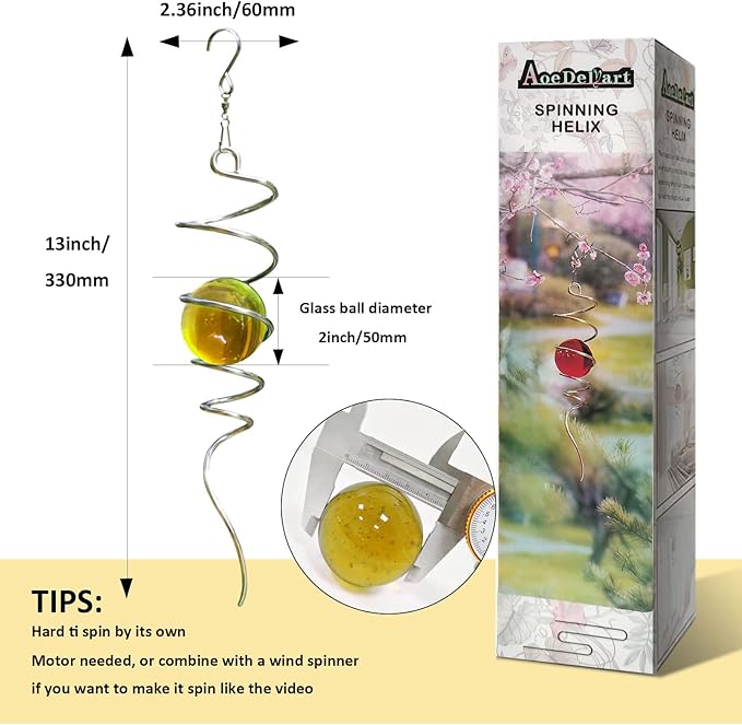 Gazing Ball Spiral Decorative Tail Wind Spinner Sun Catcher 11inch Tail and 2 inch Glass Orb. Wind Spinner Stabilizer Indoor Outdoor Garden Decoration -13 inch Height(Gold)