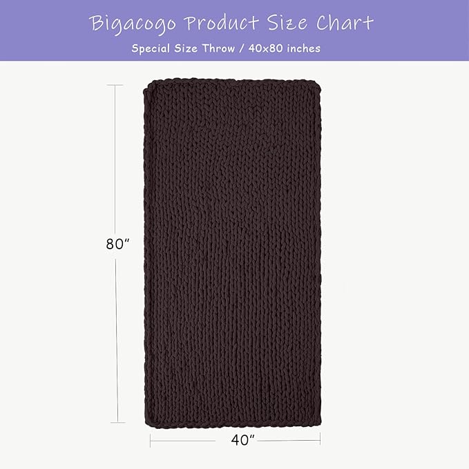 Bigacogo Chunky Knit Throw Blanket for Couch, 40x80 inches, 100% Hand Knitted with Thick Jumbo Chenille Yarn, Cozy Soft Large Rope Knot Cable Crochet Blankets for Sofa Bed Living Room, Chocolate