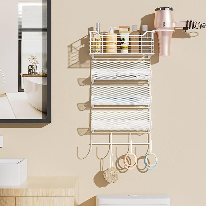 VITVITI Metal Hair Tool Organizer Wall Mount, Hair Dryer Holder with 4 Tier Shelf Basket Hooks, Bathroom Hairs Styling Tool Organizer for Curling Iron/Blow Dryer/Straightener, White