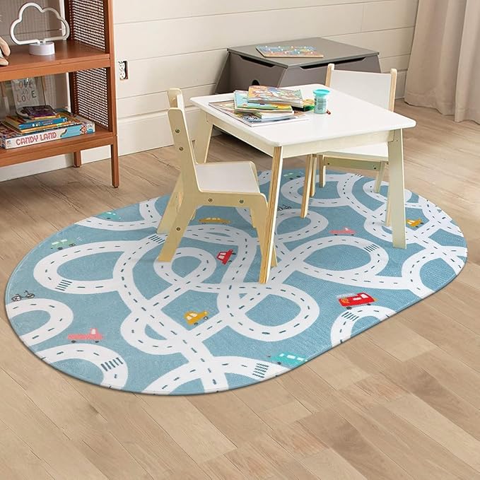 STARUIA Large Kids Playroom Rug, 4'x6' Washable Road Rug for Nursery, Non-Slip Fun Area Rugs for Kids Room, Blue Car Rugs Play Mat Soft Baby Carpet for Boys Girls Dorm Toy Room Tent