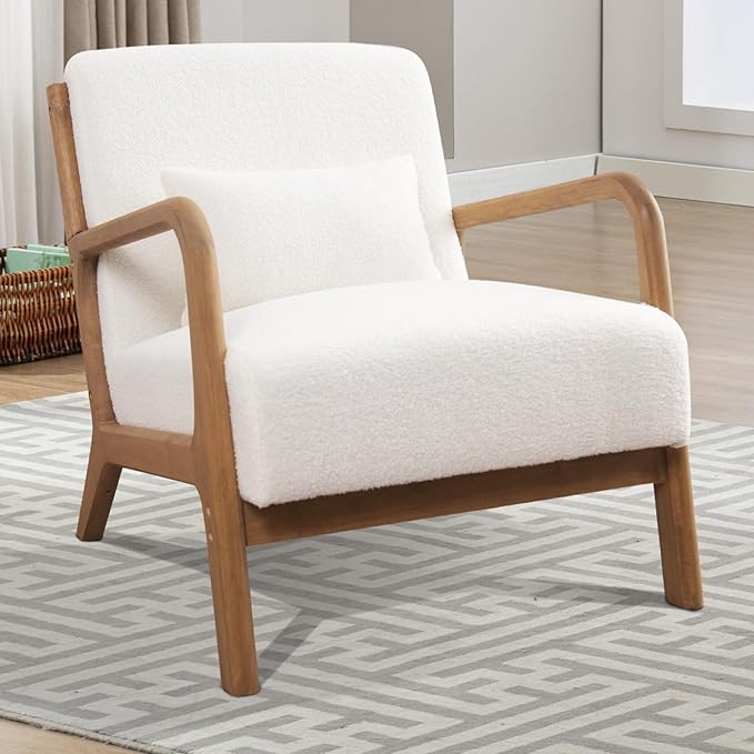 INZOY Mid Century Modern Accent Chair Set of 2, Lamb Wool Fabric Living Room Chairs with Waist Cushion, Upholstered Reading Armchair for Bedroom Sunroom