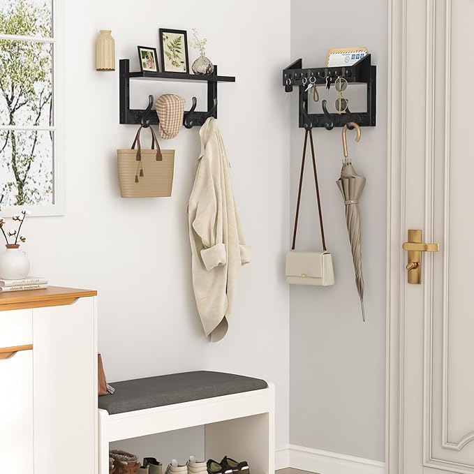 29" Coat Rack Wall Mount with Shelf, 4 in 1 Wall Mounted Coat and Key Hanger with 11 Hooks, Entryway Key Holder with Mail Holder for Living Room, Bedroom, Black