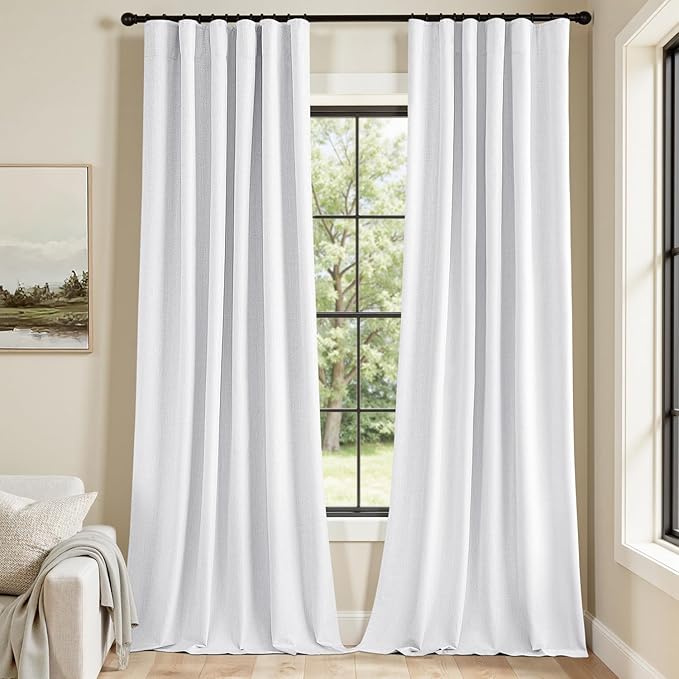 MIULEE 100% Blackout Curtains 102 Inch Long 2 Panels Set for Bedroom, Thick Faux Linen Black Out Curtain Room Darkening Back Tab Pleat Window Textured Drapes with Hooks for Living Room, Bright White