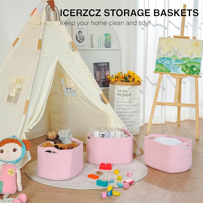 Storage Baskets for Organizing Shelves, Pink Basket for Nursery, Woven Cotton Rope Baskets for Storage, Towel Basket for Bathroom, 15"x11"x9.5", 3 Packs, Light Pink